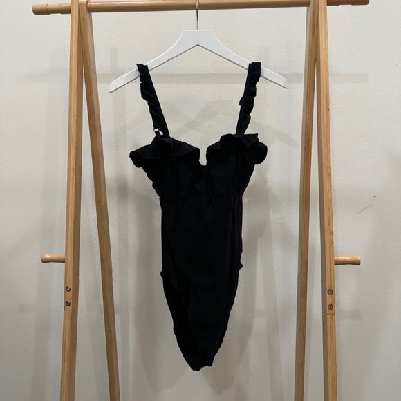 Black Ruffled One-Piece Swimsuit - Picture 1 of 7